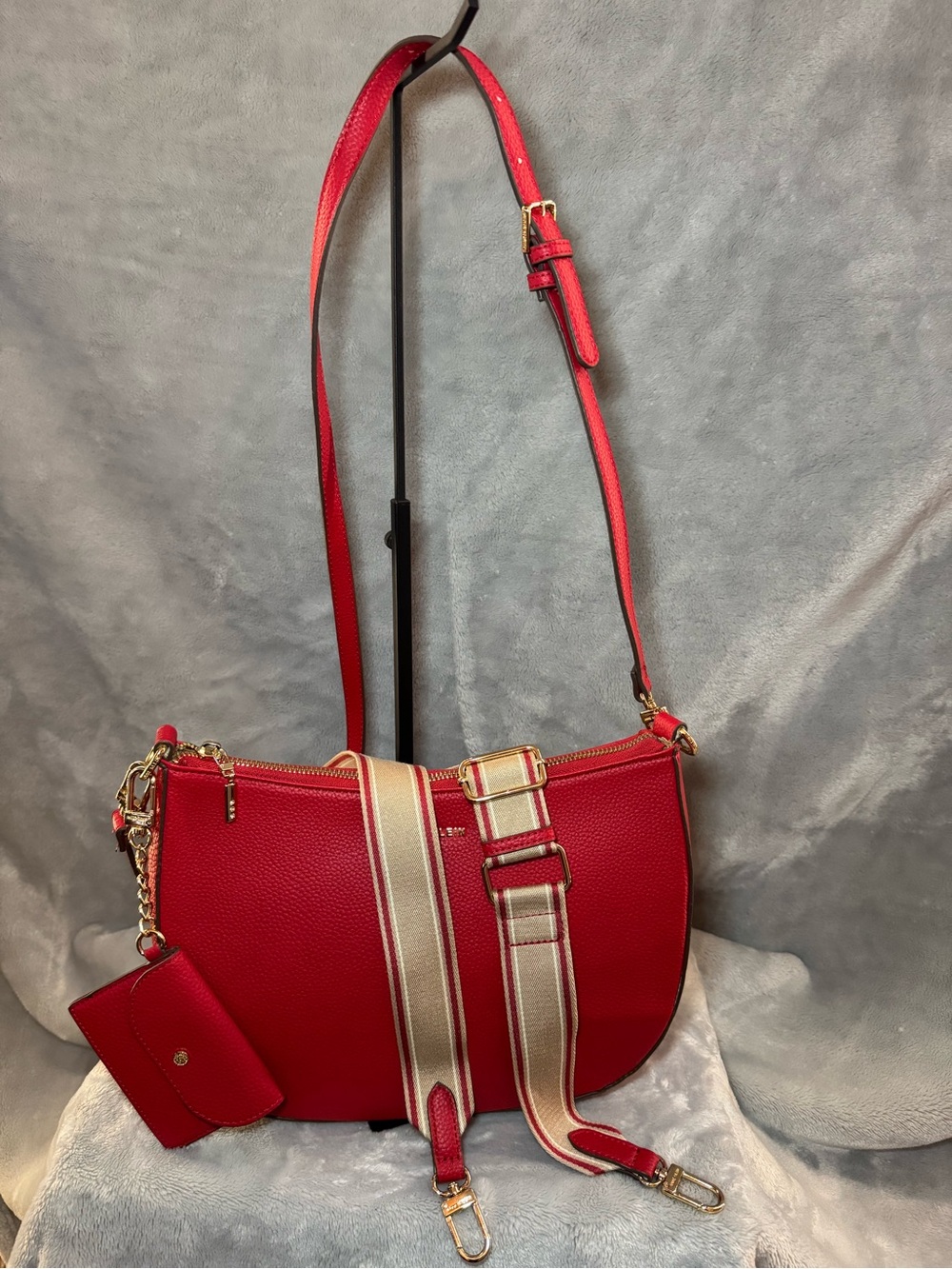Anne Klein Red Pebbled Crossbody with Striped Detachable Strap